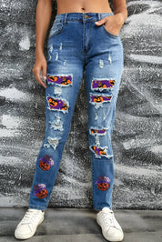 Distressed Sequin Pumpkin Jeans