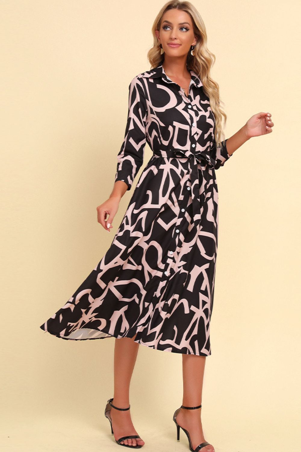 Printed Button Front Belted Midi Dress