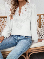 Swiss Dot Lace Detail Notched Long Sleeve Blouse