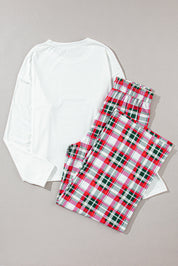 MERRY CHRISTMAS Round Neck Top and Plaid Pants Set