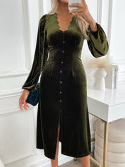 Perfee Slit V-Neck Long Sleeve Midi Dress