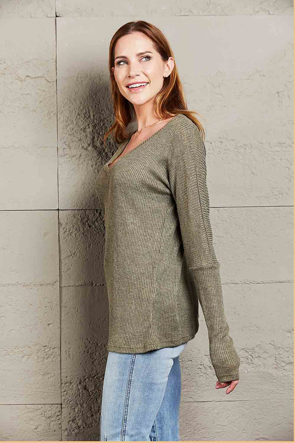 V-Neck Long Sleeve Ribbed Top