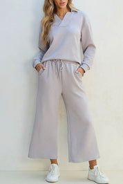 Textured Long Sleeve Top and Drawstring Pants Set