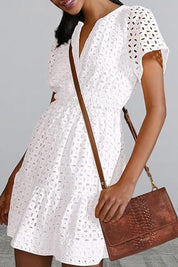 Eyelet Notched Short Sleeve Mini Dress