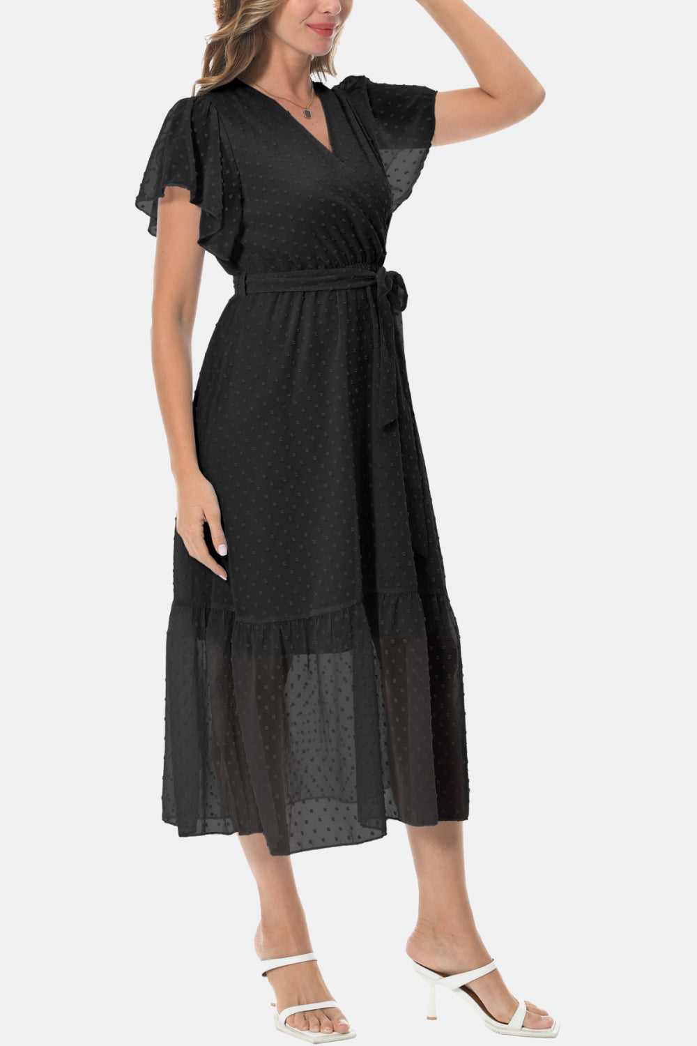 Surplice Neck Flutter Sleeve Tied Dress