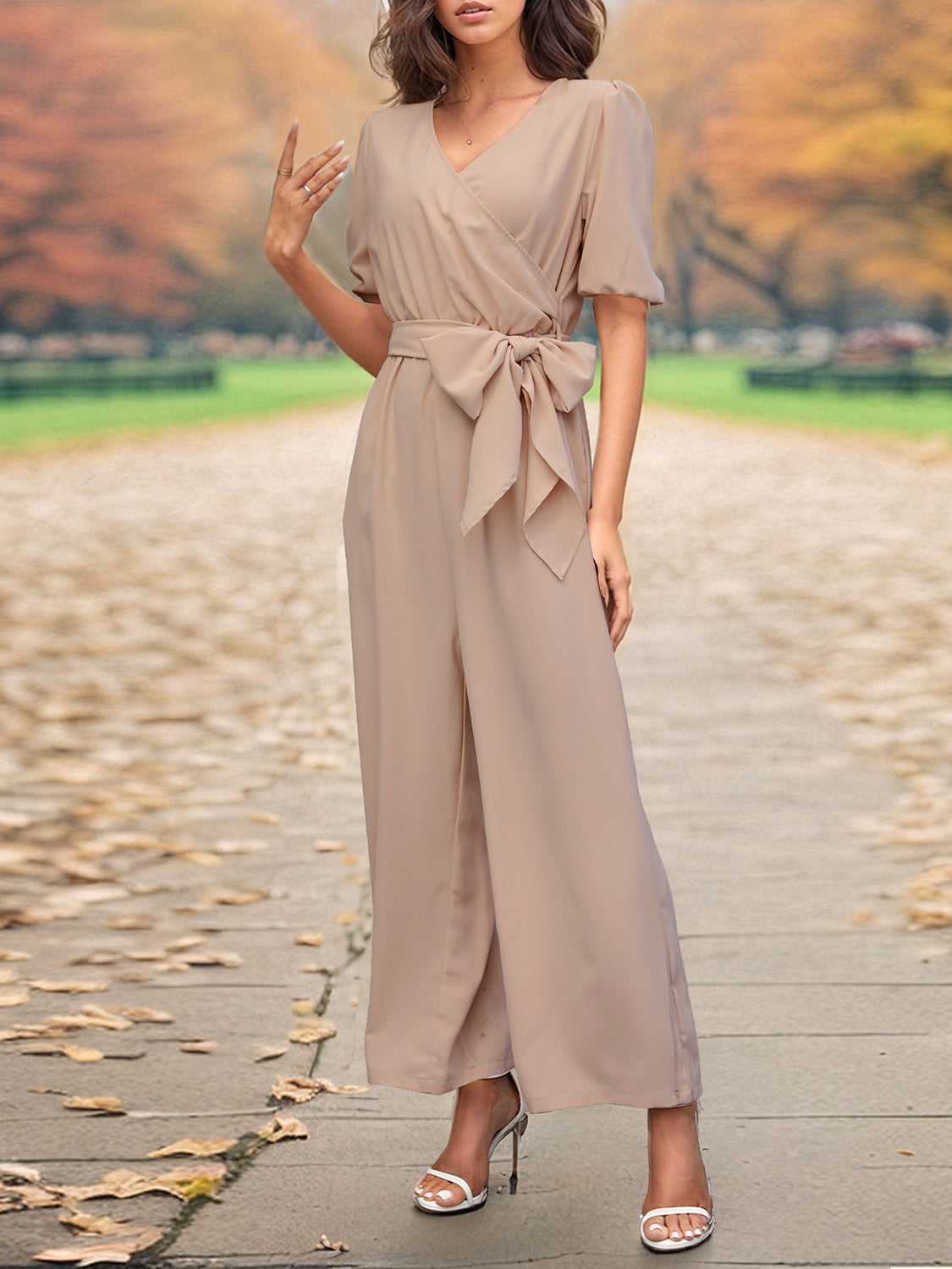 Perfee Tied Short Sleeve Wide Leg Jumpsuit