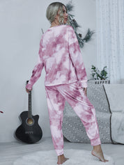 Shiny Tie-dye Round Neck Top and Drawstring Pants Lounge Set