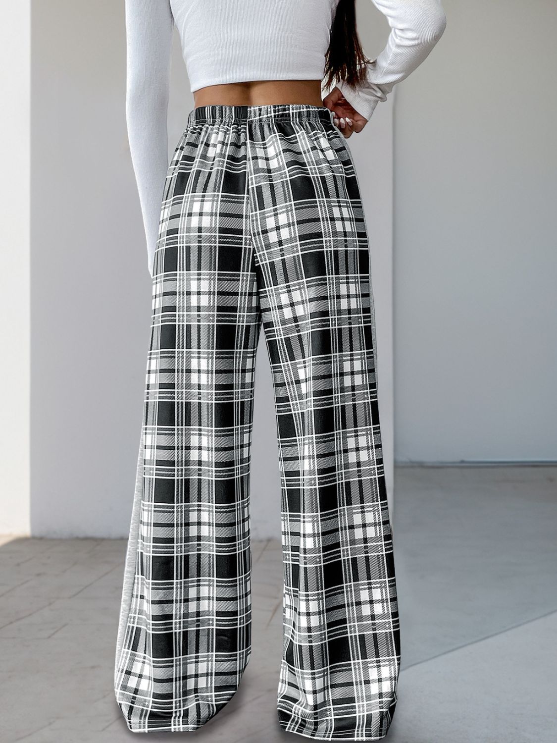 Perfee Drawstring Plaid Wide Leg Pants