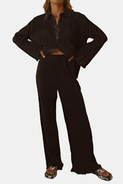 Textured Button Up Collared Neck Top and Pants Set