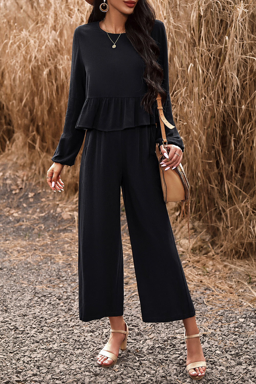 Devine Round Neck Peplum Top and Pants Set