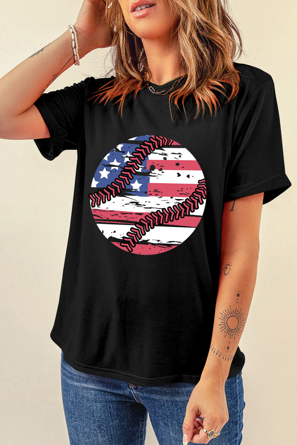 US Flag Round Neck Short Sleeve T-Shirt