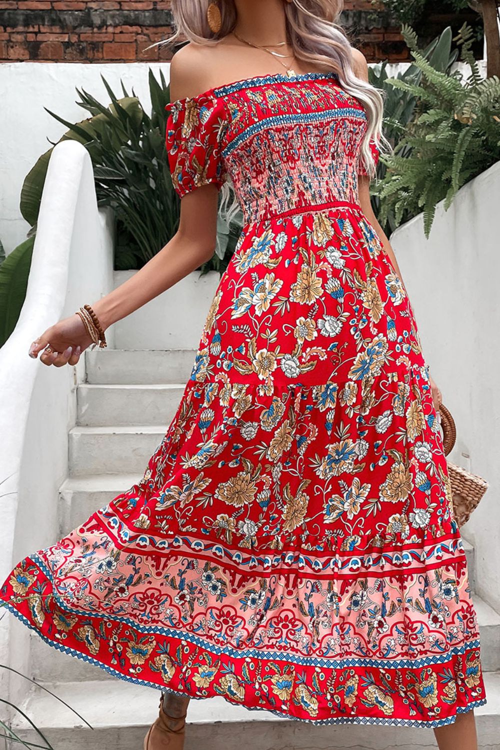 Perfee Floral Off-Shoulder Smocked Midi Dress