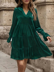 Perfee Notched Long Sleeve Tiered Dress