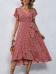 Printed Surplice Flutter Sleeve Midi Dress