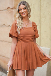 Square Neck Pleated Romper with Pockets