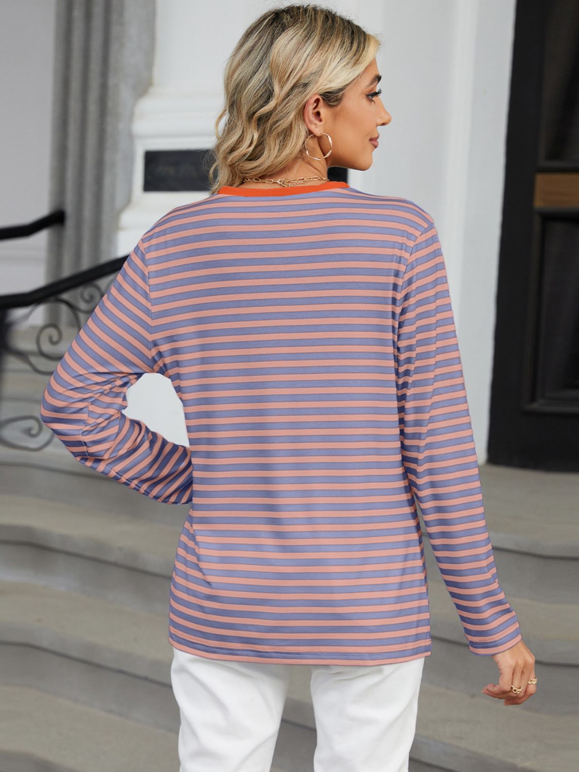 Striped Notched Long Sleeve T-Shirt