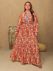 Plus Size Printed Notched Long Sleeve Maxi Dress