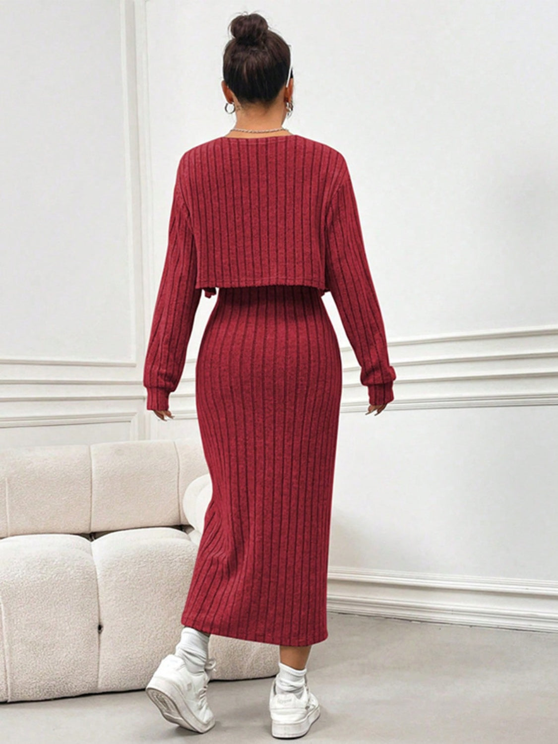 Ribbed Long Sleeve Cropped Cardigan and Slit Cami Dress Set