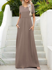 Round Neck Short Sleeve Maxi Dress with Pockets