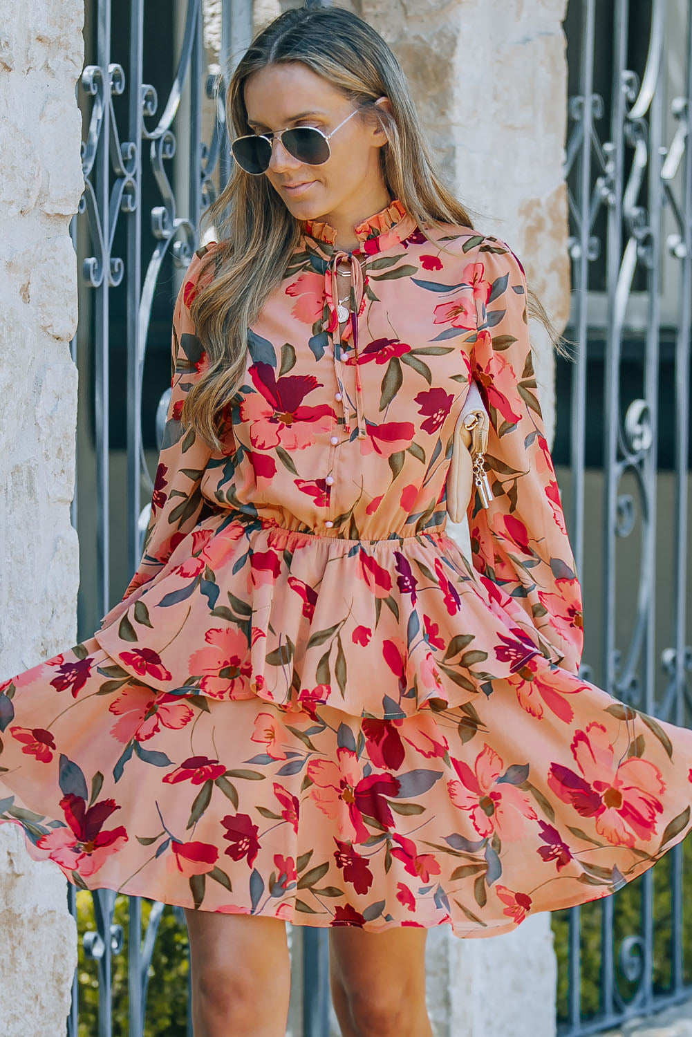 Floral Tie Neck Long Sleeve Layered Dress