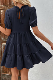 Perfee Puff Sleeve Tie Back Tiered Dress