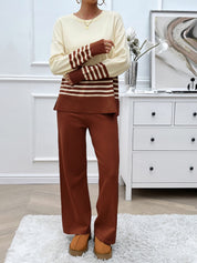 Devine Slit Striped Round Neck Top and Pants Sweater Set