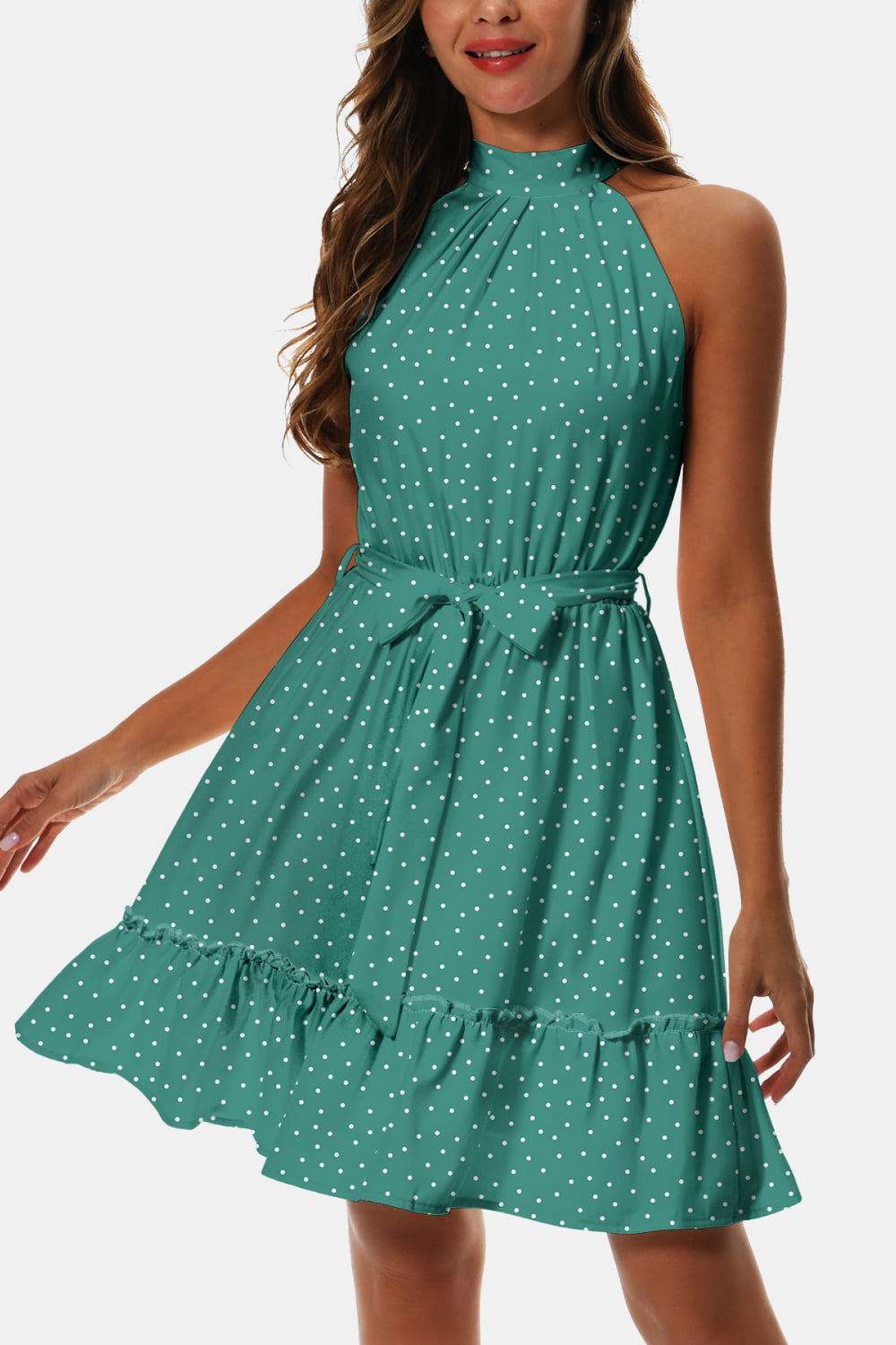 Printed Tie Waist Frill Trim Dress