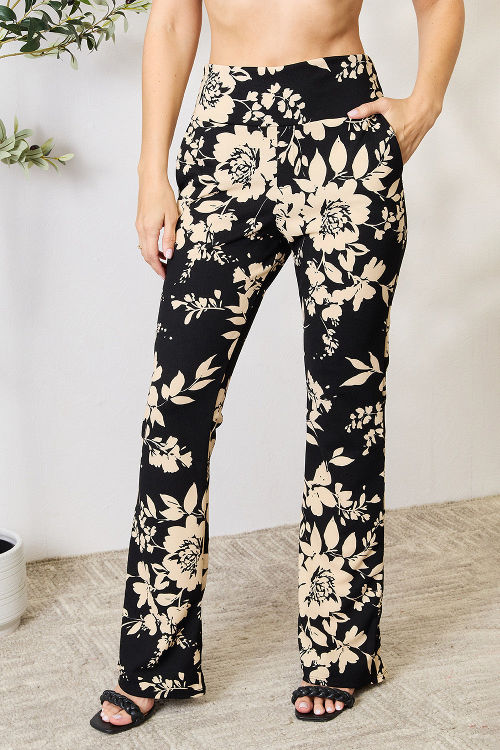 Heimish Full Size High Waist Floral Flare Pants