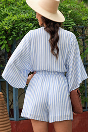 Tied Striped Three-Quarter Sleeve Romper