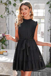 Ruffle Collar Tie Belt Tiered Dress