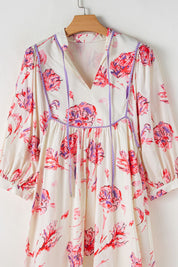 Tied Flower Printed Three-Quarter Sleeve Dress