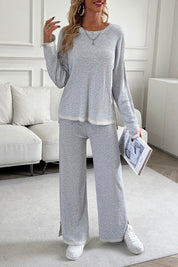 Devine Contrast Trim Round Neck Top and Pants Set