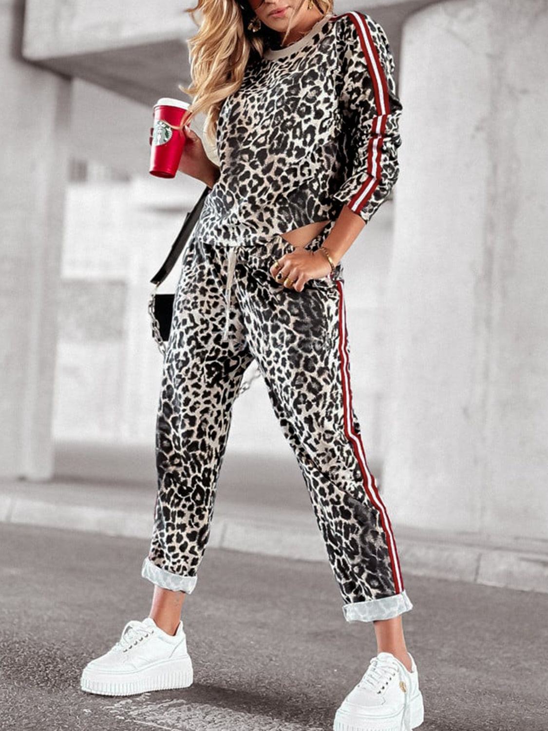 Leopard Round Neck Long Sleeve Top and Pants Set