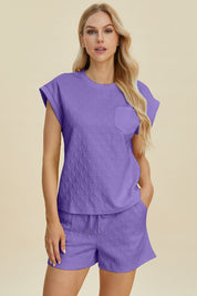 Double Take Full Size Pocketed Texture Round Neck Top and Shorts Set