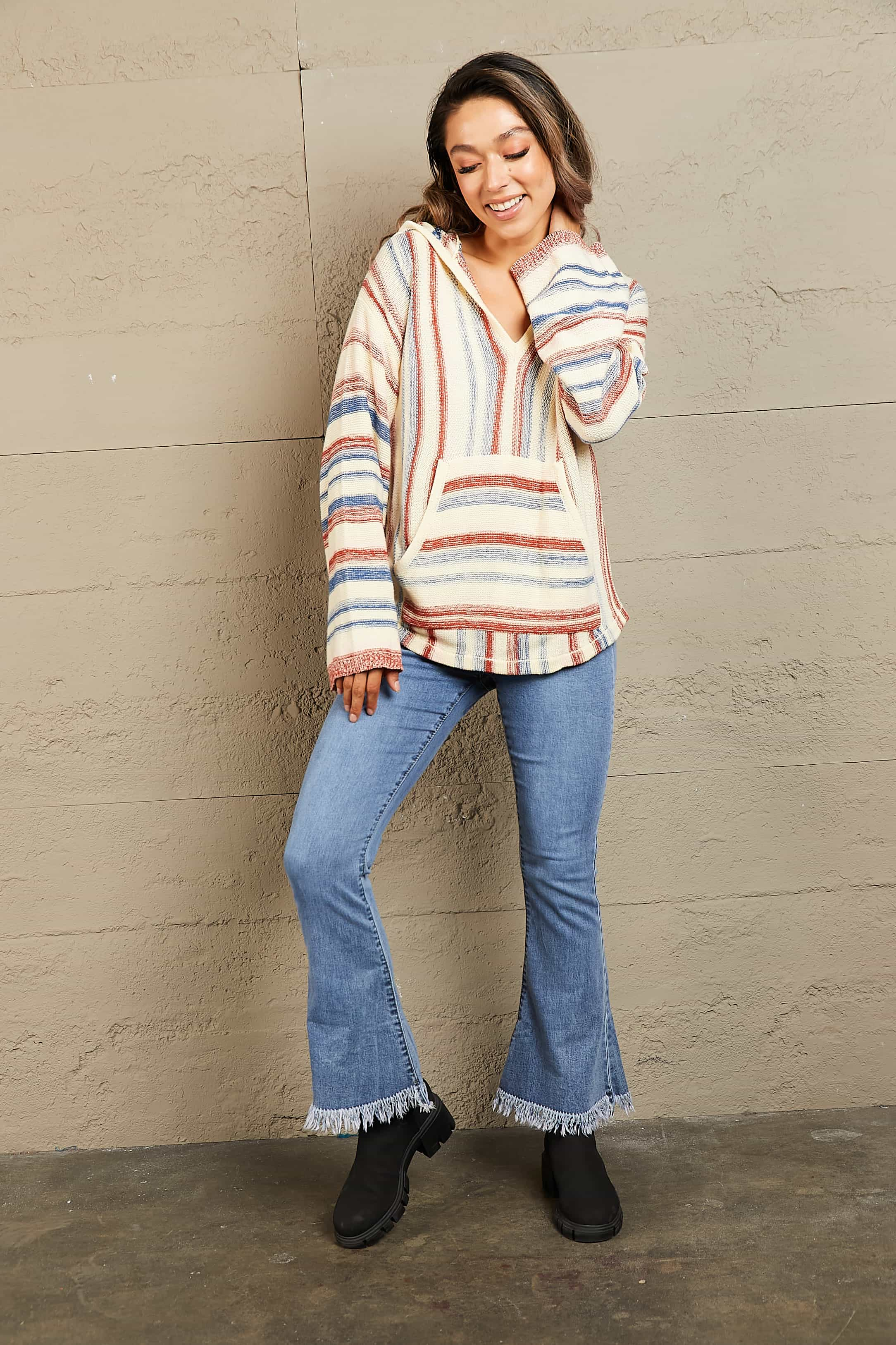 Striped Hooded Sweater with Kangaroo Pocket