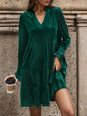 Perfee Notched Long Sleeve Tiered Dress