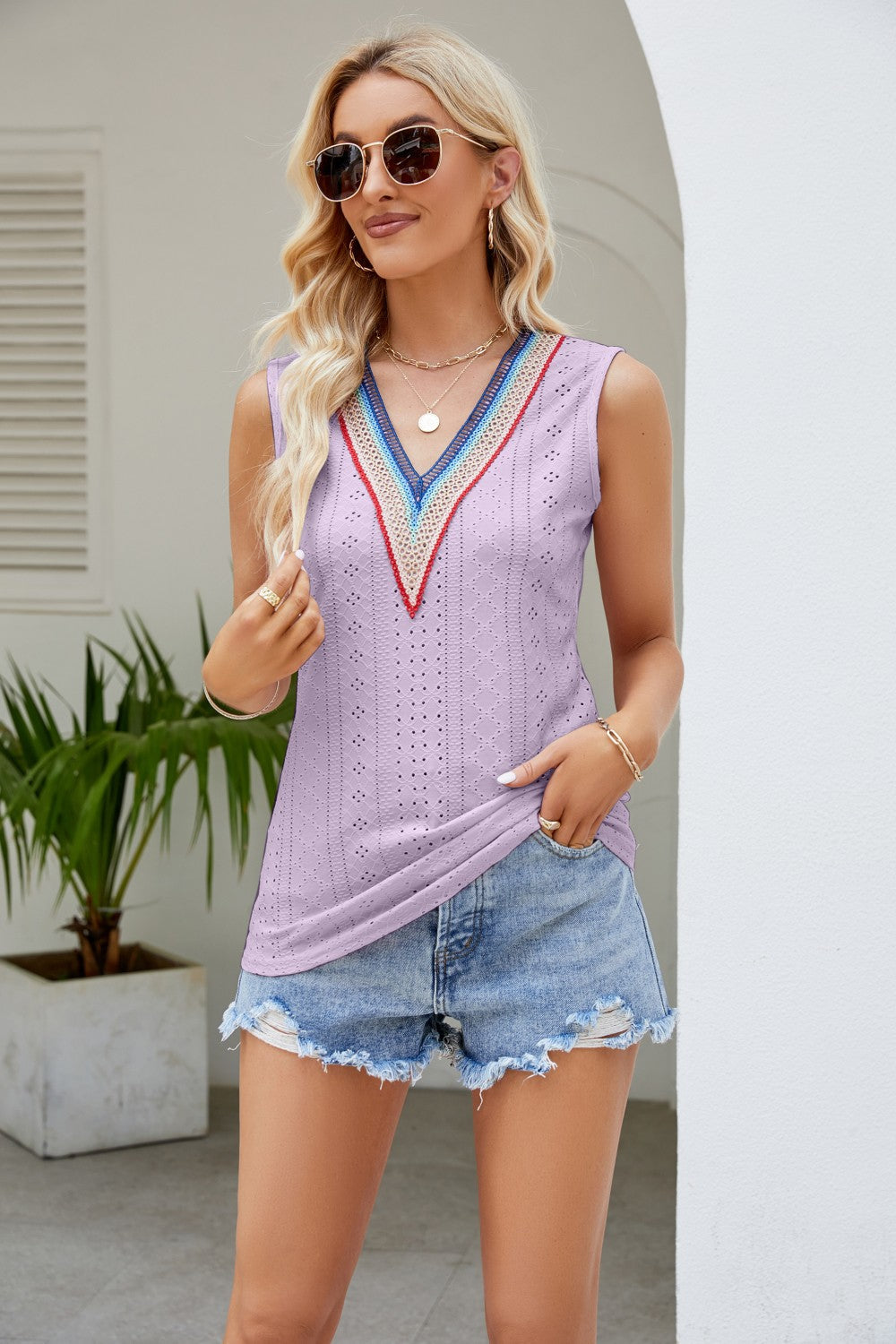 Contrast V-Neck Eyelet Tank