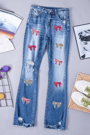 Sequin Bow Distressed Bootcut Jeans