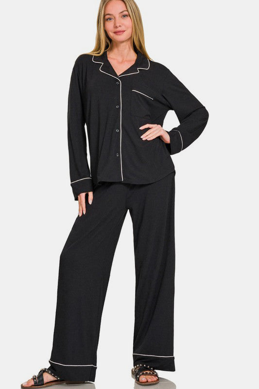 Zenana Button Down Long Sleeve Top and Pants Lounge Set