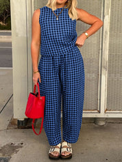 Lovelet Plaid Round Neck Sleeveless Top and Pants Set