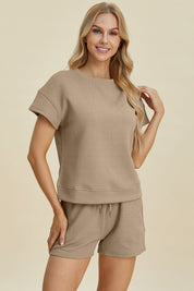 Double Take Full Size Texture Short Sleeve Top and Shorts Set