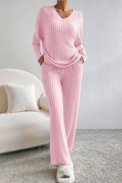 Ribbed V-Neck Top and Pants Lounge Set