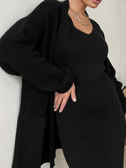 Pocketed Long Sleeve Cardigan and Skirt Sweater Set