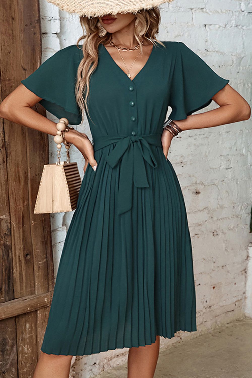 Perfee Buttoned V-Neck Flutter Sleeve Pleated Dress