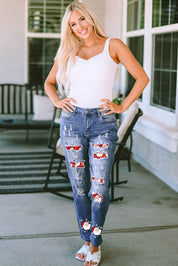 Santa Graphic Distressed Jeans with Pockets