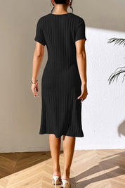 Ivy Lane Ribbed Asymmetrical Neck Short Sleeve Dress