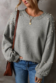 Pearl Detail Round Neck Long Sleeve Sweater