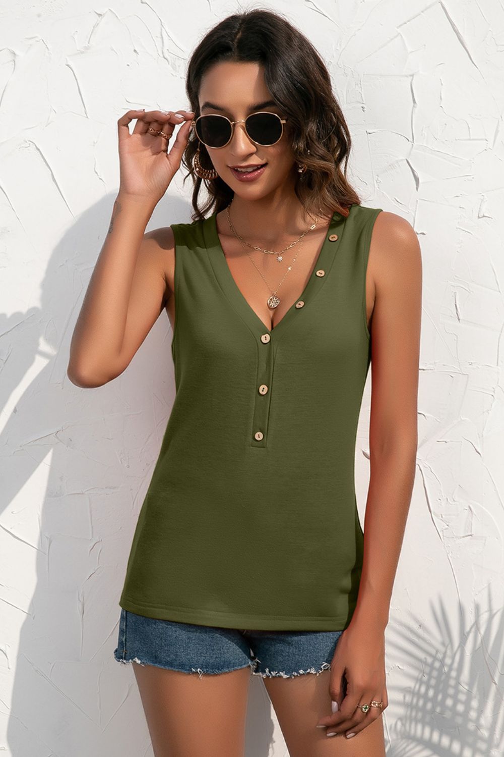 Ivy Lane Buttoned Deep V Tank