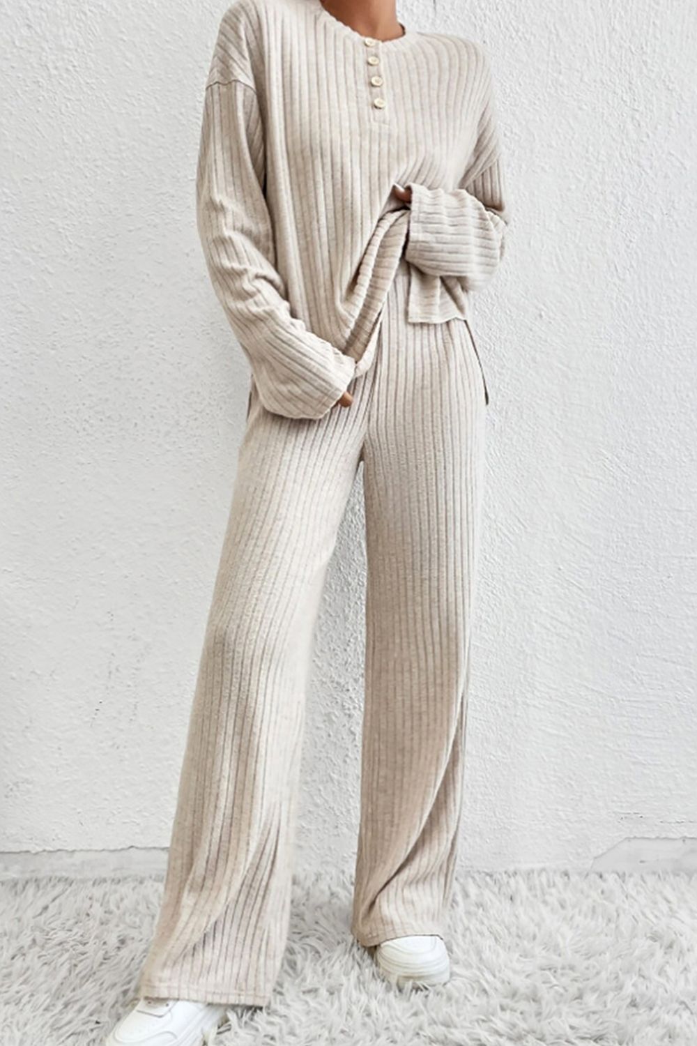 Ribbed Half Button Knit Top and Pants Set