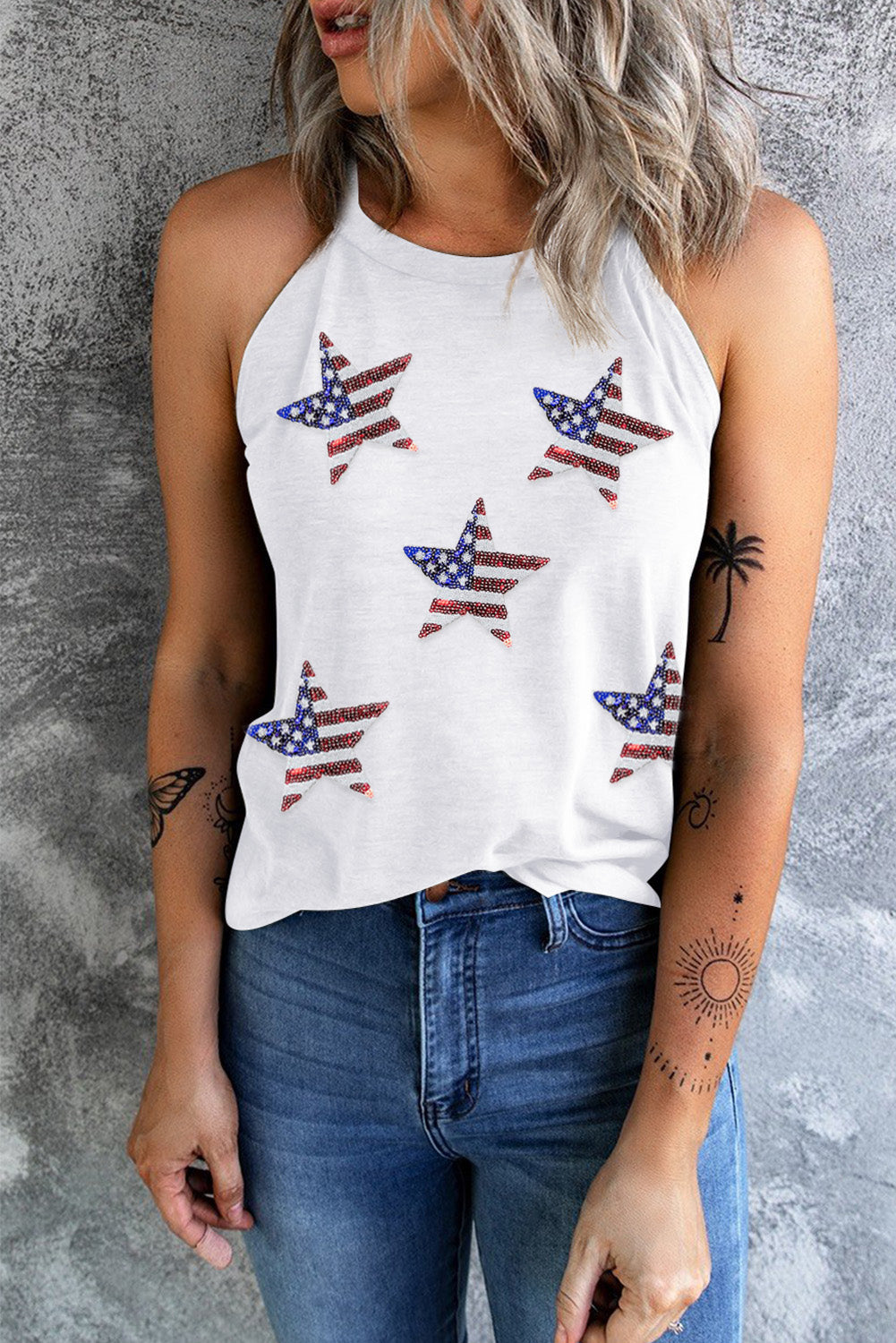 Sequin US Flag Star Grecian Neck Tank